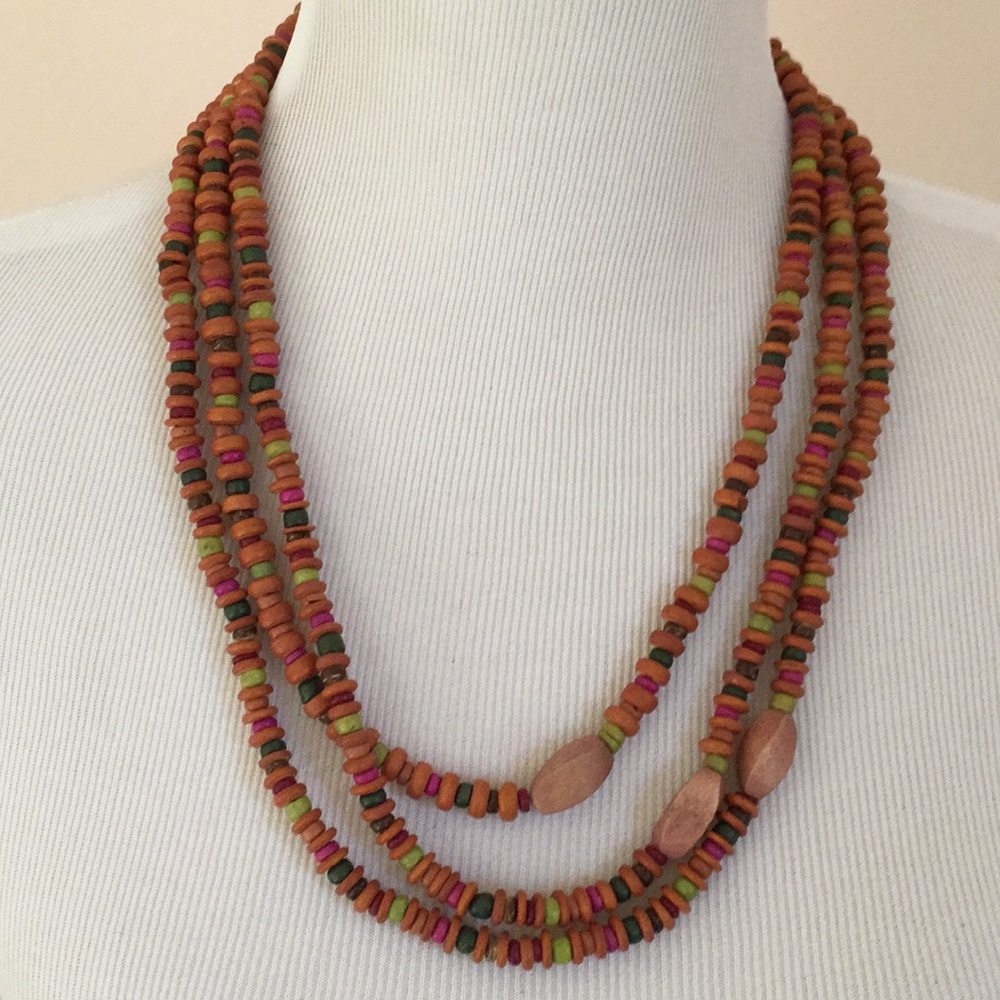 Pretty triple-strand wood bead necklace